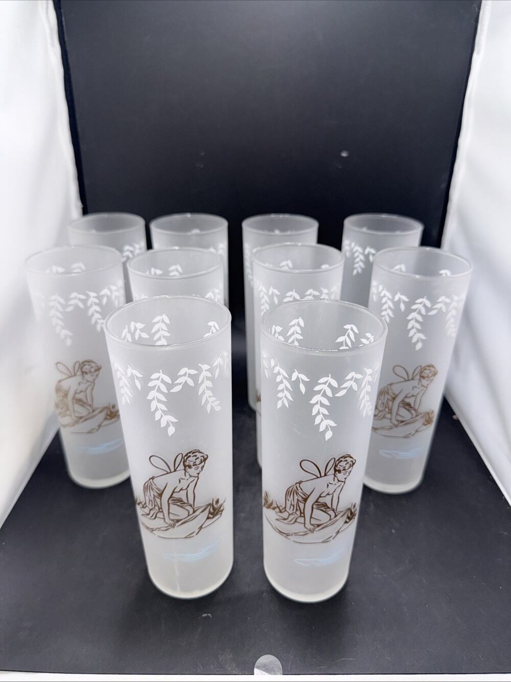 Vintage Libbey Fairy Pixie Nymph Frosted Highball Glasses Set of 10 MCM